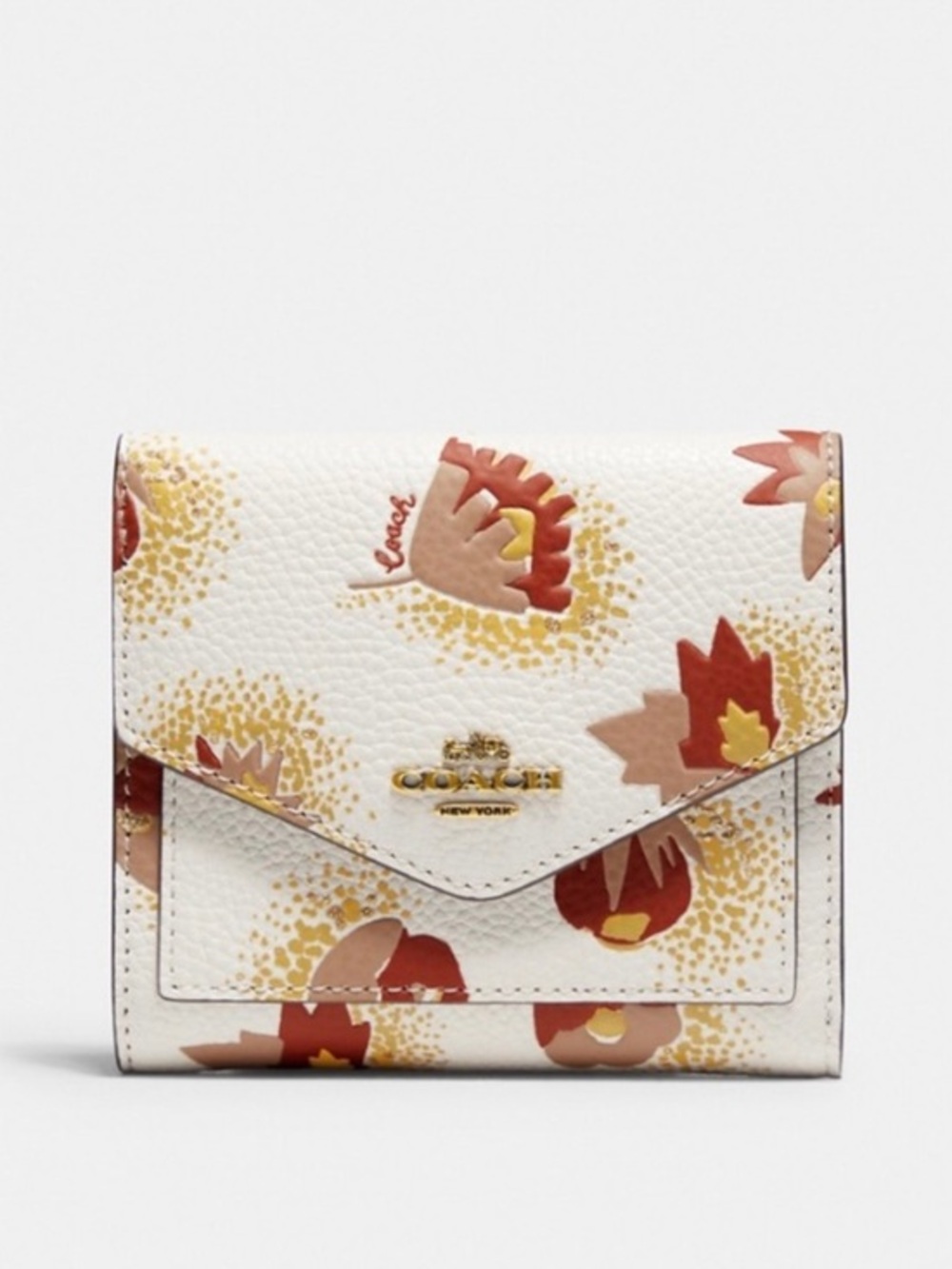 Coach Small Wallet With Floral Print Leather In Brass/chalk